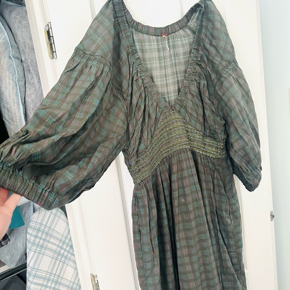 Free People Olive Green Plaid V-Neck Maxi Dress M - Picture 3 of 7